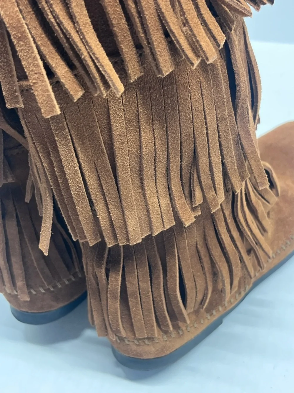 Minnetonka Triple Fringe Suede Moccasin Boots in Tan Brown Bohemian Boho - Picture 4 of 8